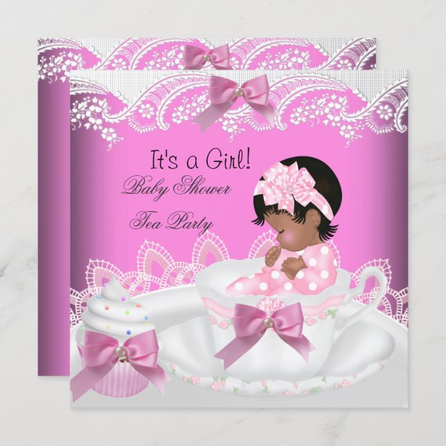 African American Baby Shower Girl Pink Baby Teacup Invitation (Front/Back)