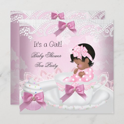 African American Baby Shower Girl Pink Baby Teacup Invitation