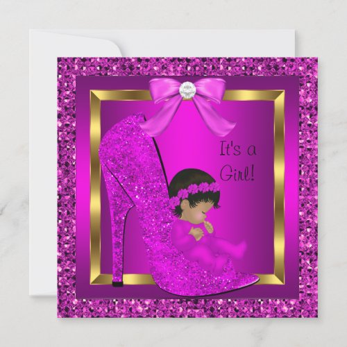 African American Baby Shower Girl Pink Glitter Personalized Invitation