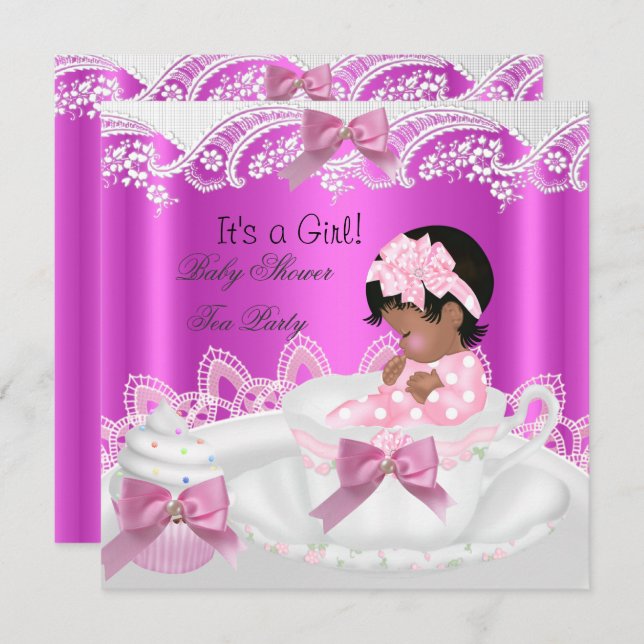 African American Baby Shower Girl Pink in Teacup Invitation (Front/Back)