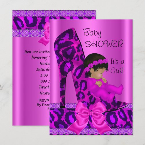 African American Baby Shower Girl Pink Leopard Announcement