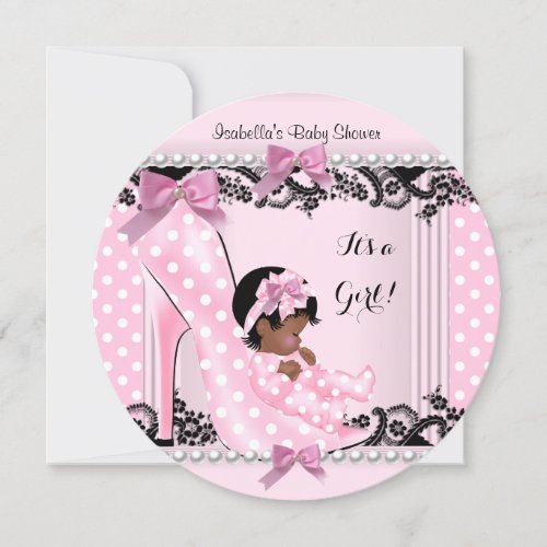 African American Baby Shower Girl Pink Polka Dots Invitation