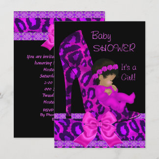 African American Baby Shower Girl Pink Purple Shoe Invitation