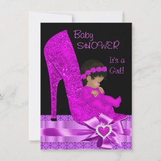African American Baby Shower Girl Pink Purple Shoe Invitation