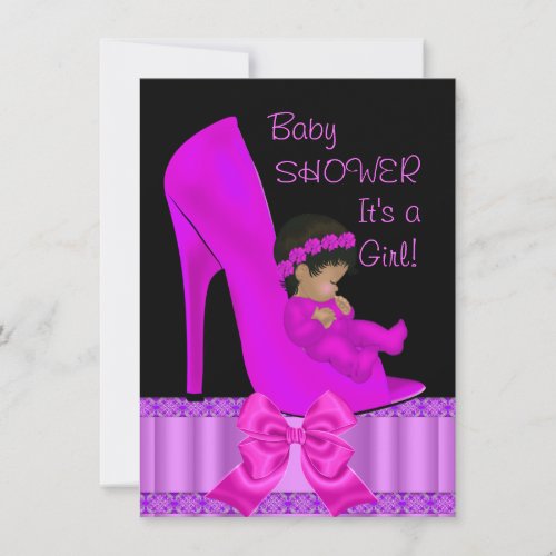 African American Baby Shower Girl Pink Purple Shoe Announcements