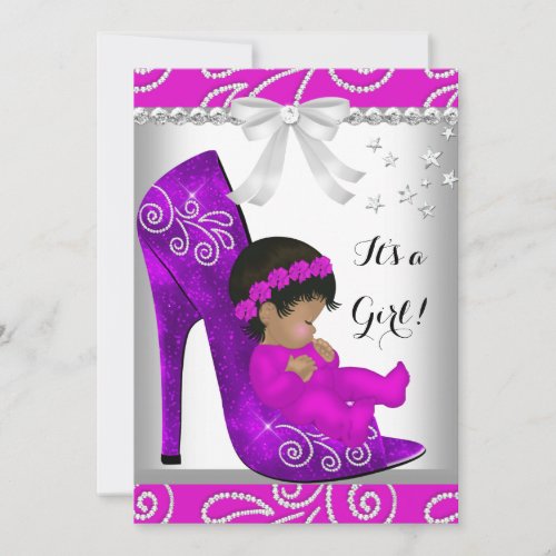 African American Baby Shower Girl Pink Purple Shoe Invitation