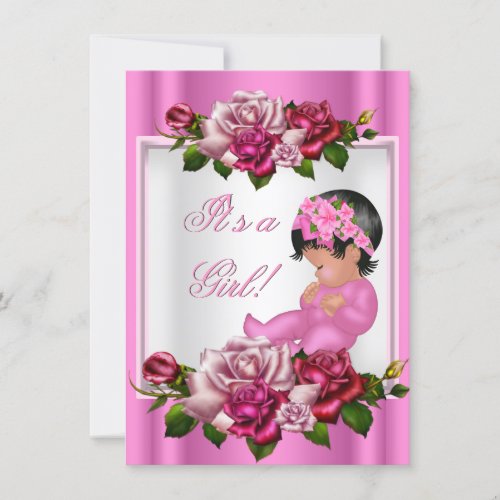 African American Baby Shower Girl Pink Roses Personalized Announcement