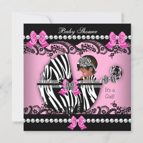 African American Baby Shower Girl Pink Zebra Invitation