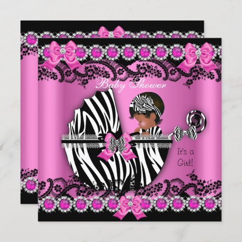 African American Baby Shower Girl Pink Zebra Pram Invitation