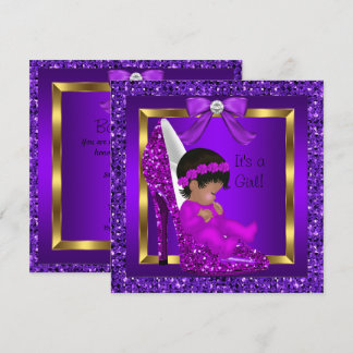 African American Baby Shower Girl Purple Glitter Invitation