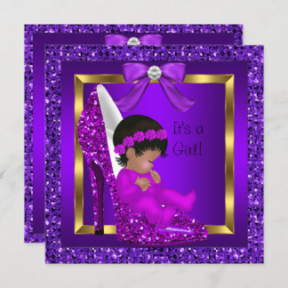 African American Baby Shower Girl Purple Glitter Invitation