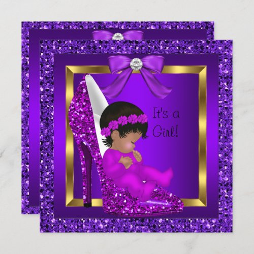 African American Baby Shower Girl Purple Glitter Invitation