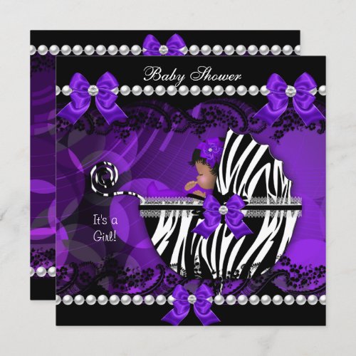 African American Baby Shower Girl Purple Zebra 2 Invitation