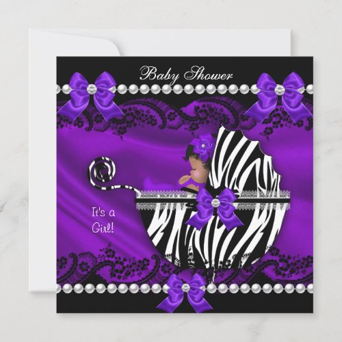 African American Baby Shower Girl Purple Zebra Invitation