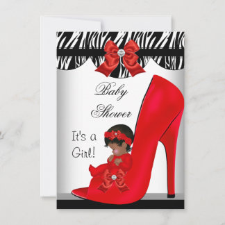 African American Baby Shower Girl Red Baby Shoe 2 Invitation