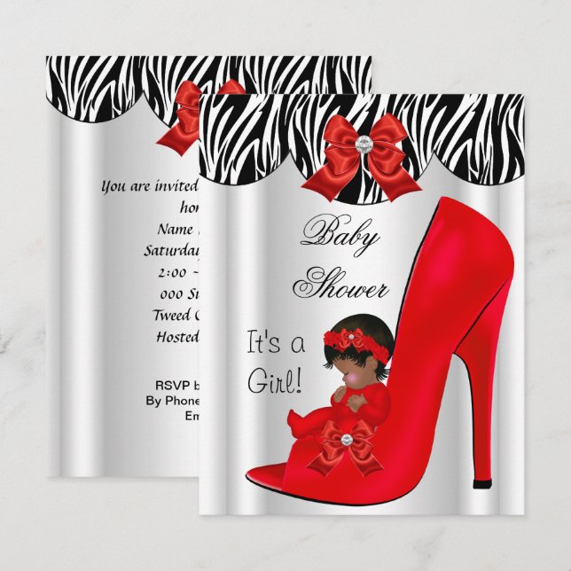 African American Baby Shower Girl Red Baby Shoe Invitation (Front/Back)
