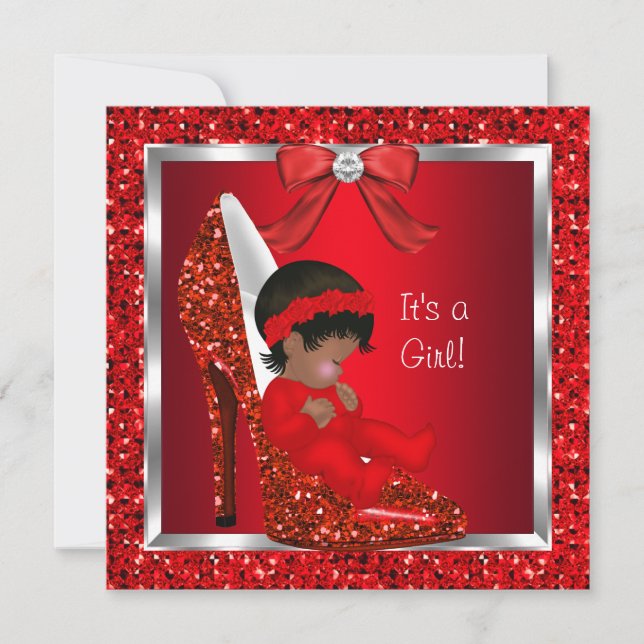 African American Baby Shower Girl Red Glitter 2 Invitation (Front)