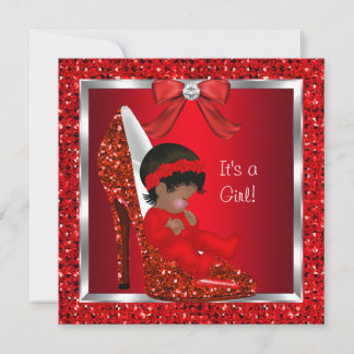 African American Baby Shower Girl Red Glitter 2 Invitation