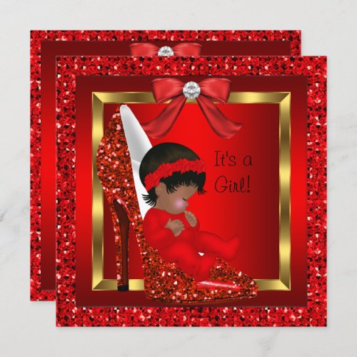 African American Baby Shower Girl Red Glitter Invitation