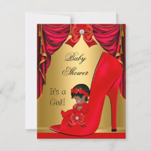 African American Baby Shower Girl Red Gold Shoe Invitation