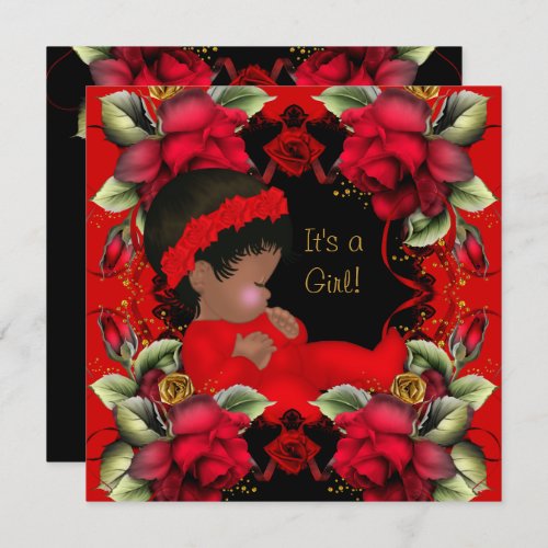 African American Baby Shower Girl Red Rose 3 Invitation