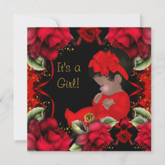 African American Baby Shower Girl Red Rose Invitation