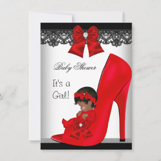 African American Baby Shower Girl Red Shoe Lace Invitation
