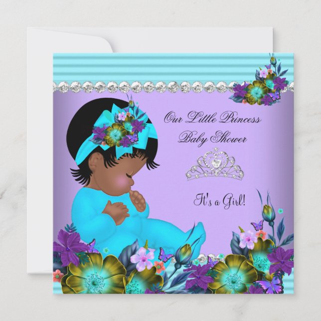 African American Baby Shower Girl Teal Blue Purple Invitation (Front)