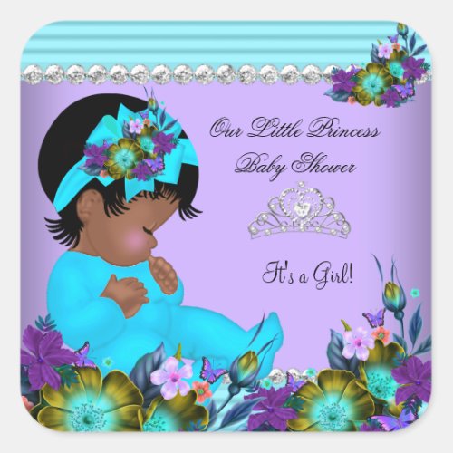 African American Baby Shower Girl Teal Blue Purple Square Sticker