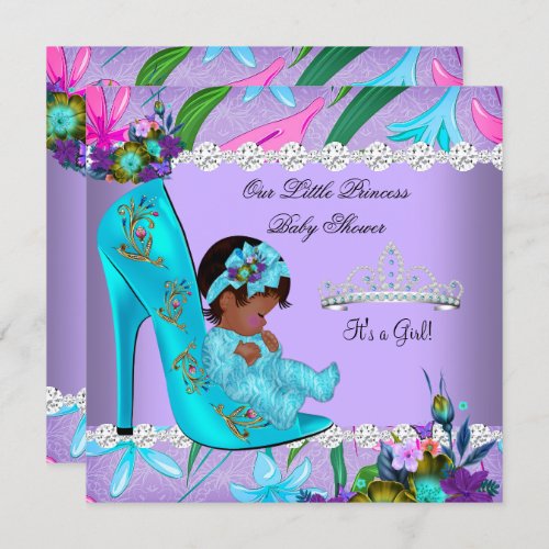 African American Baby Shower Girl Teal Purple Invitation