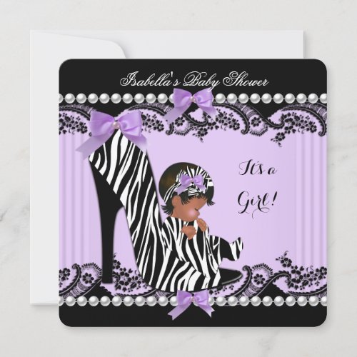 African American Baby Shower Girl Zebra Purple Invitation