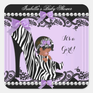 African American Baby Shower Girl Zebra Purple Square Sticker