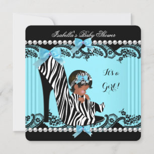African American Baby Shower Girl Zebra Teal Invitation
