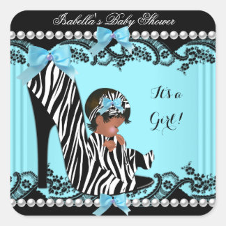 African American Baby Shower Girl Zebra Teal Square Sticker