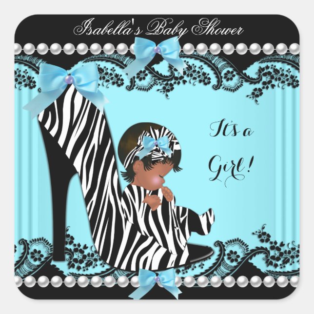 African American Baby Shower Girl Zebra Teal Square Sticker (Front)