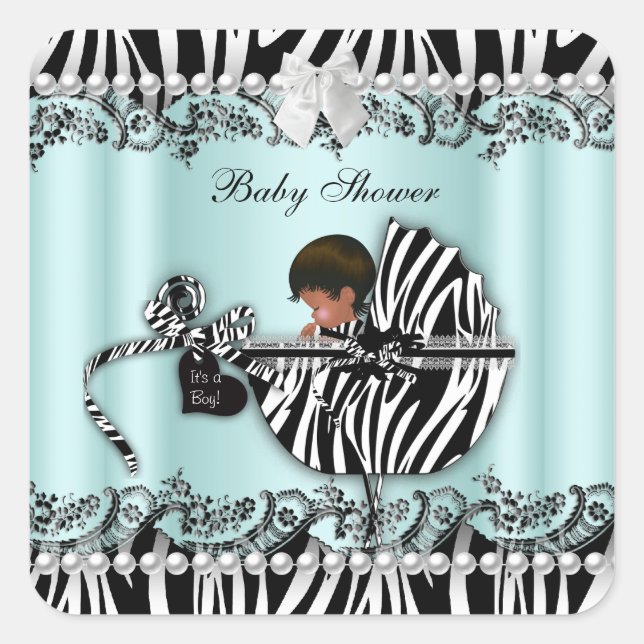 African American Baby Shower Zebra Boy or Girl Square Sticker (Front)