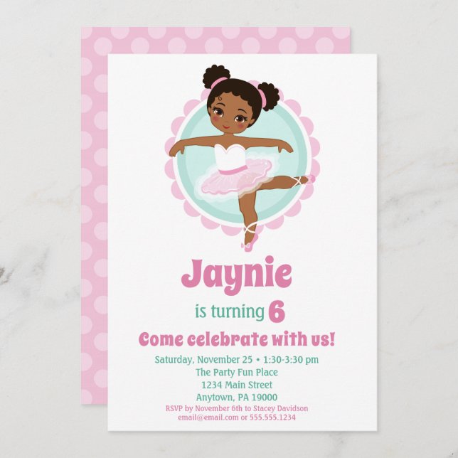 African American Ballerina Ballet Dancing Birthday Invitation (Front/Back)