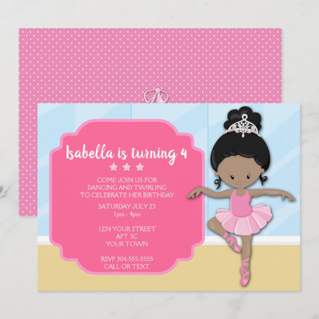 African American Ballerina Birthday Invitation (Front/Back)