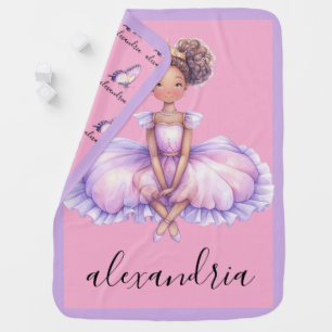 African American Ballerina Custom Name Pink Purple Baby Blanket