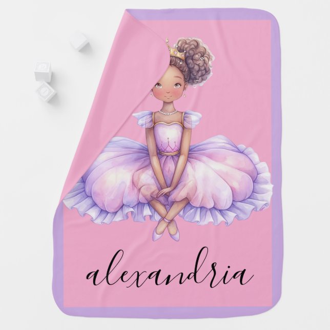 African American Ballerina Custom Name Pink Purple Baby Blanket (In Situ)