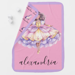 African American Ballerina Custom Name Pink Purple Baby Blanket
