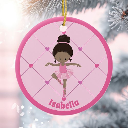 African American Ballerina Custom Pink Christmas Ceramic Ornament