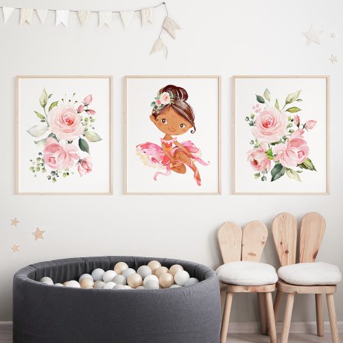 African American Ballerina Flowers Girl Nursery Wall Art Sets