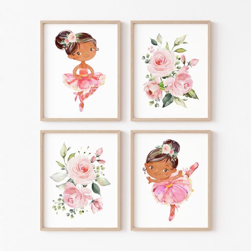 African American Ballerina Flowers Girl Nursery Wall Art Sets