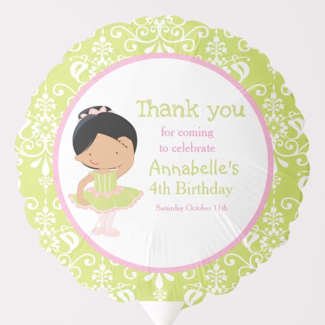 African American Ballerina & Green Damask Party Balloon (Front)