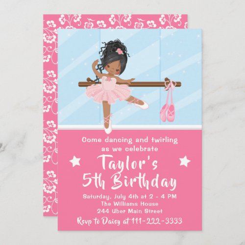 African American Ballerina in Pink Tutu Birthday Invitation