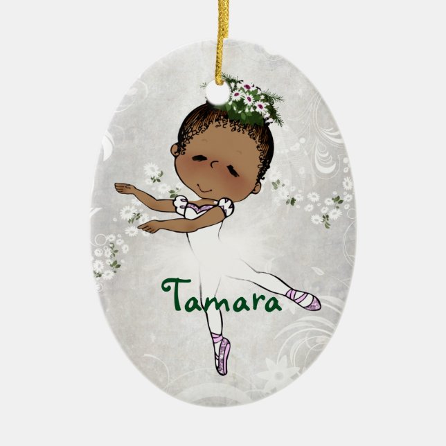 African  American Ballerina Personalized Christmas Ceramic Ornament (Front)