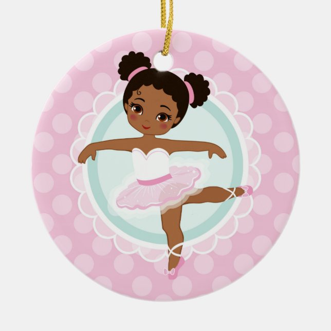 African American Ballerina - Pink Ballet Dancer Ceramic Ornament (Front)
