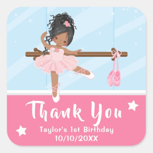 African American Ballerina Pink Birthday Thank You Square Sticker