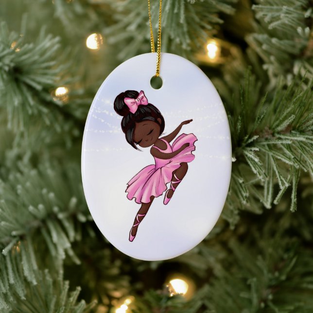 African American Ballerina Pink, Purple Christmas Ceramic Ornament (Tree)